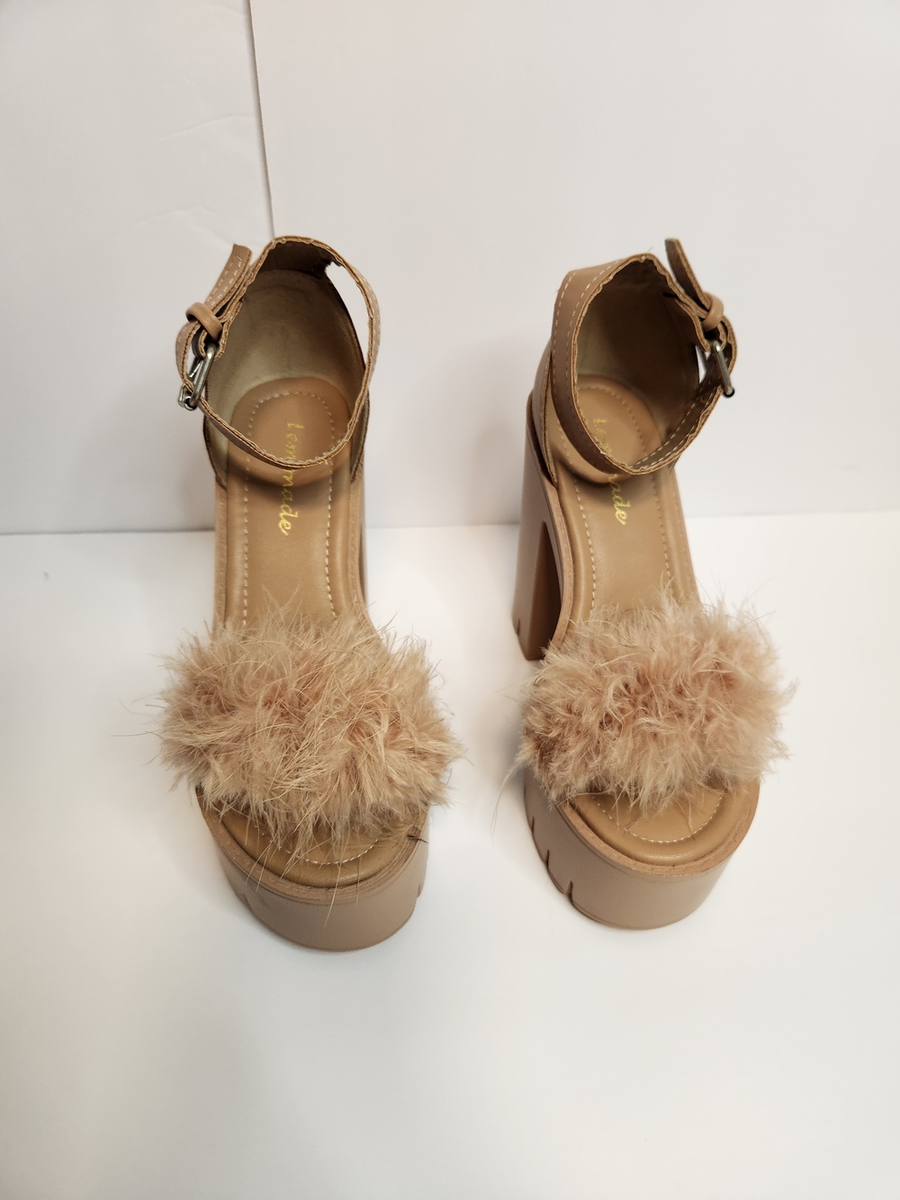 Flecked Tan Pom-Pom Platform Sandals with Ankle Strap - Lemonade